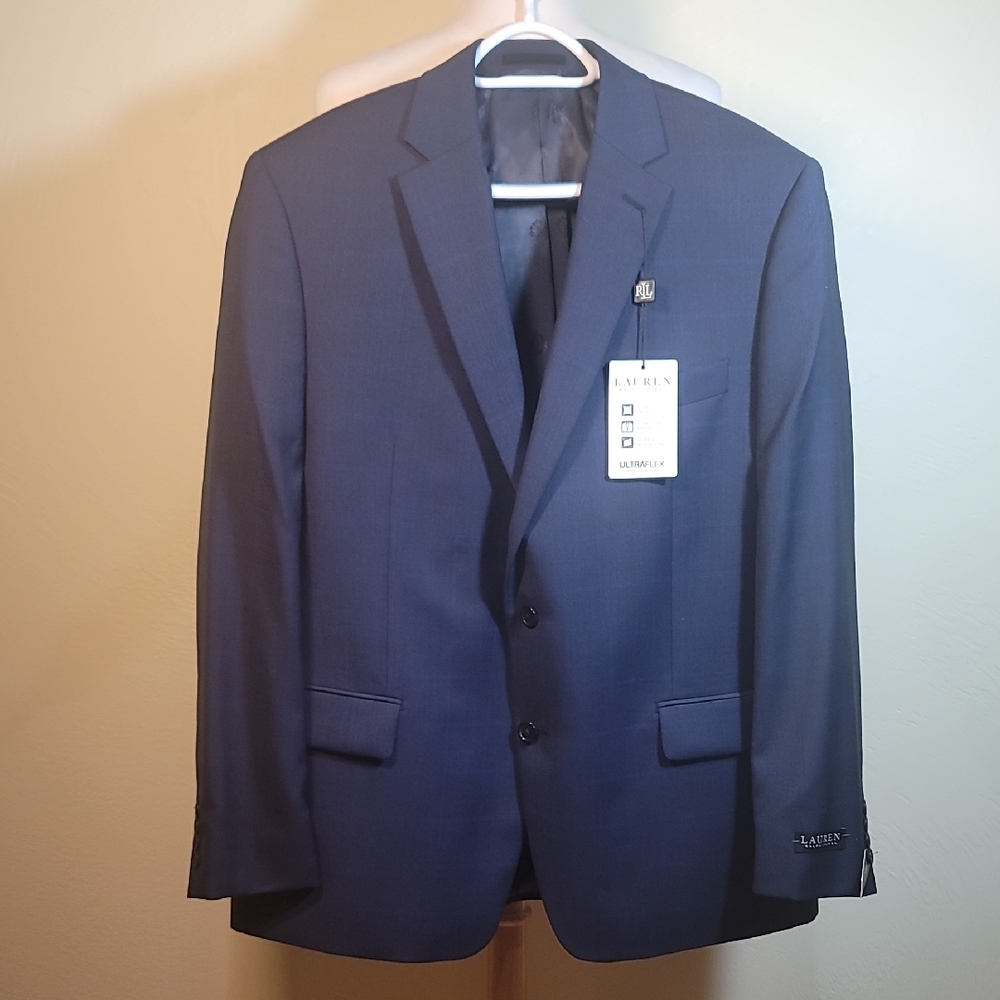 NWT Lauren Ralph Lauren Ultraflex lattimore blue plaid wool blend blazer size 44